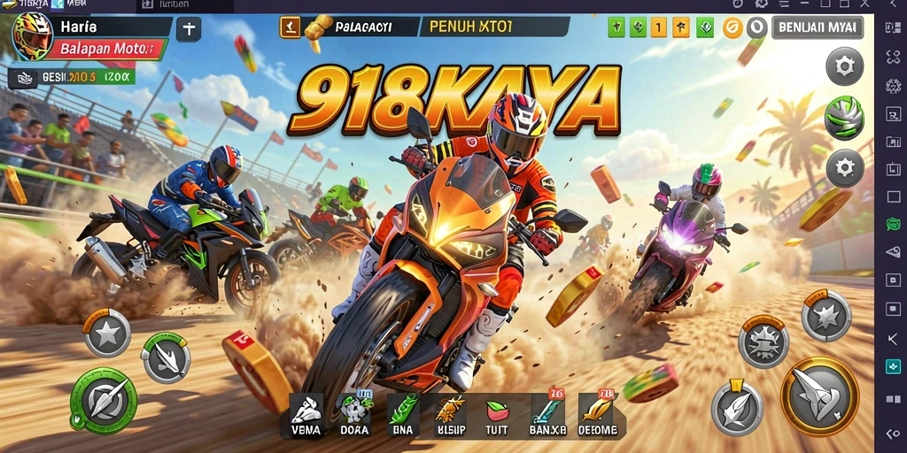 Tampilan gameplay seru dari 918KAYA dengan balapan motor yang mendebarkan.