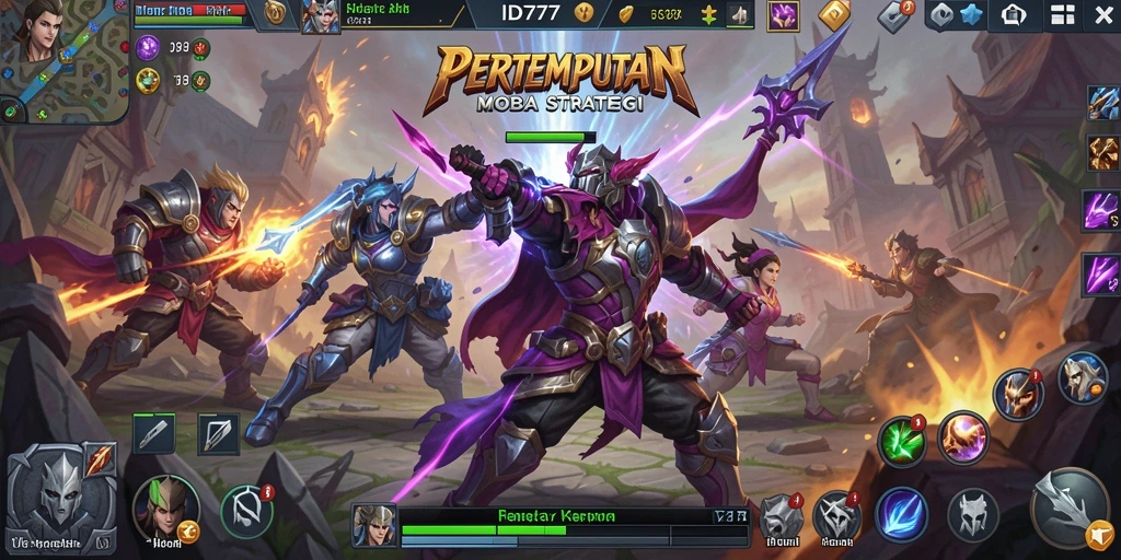 Screenshot gameplay ID777 menampilkan pertempuran MOBA yang intens.