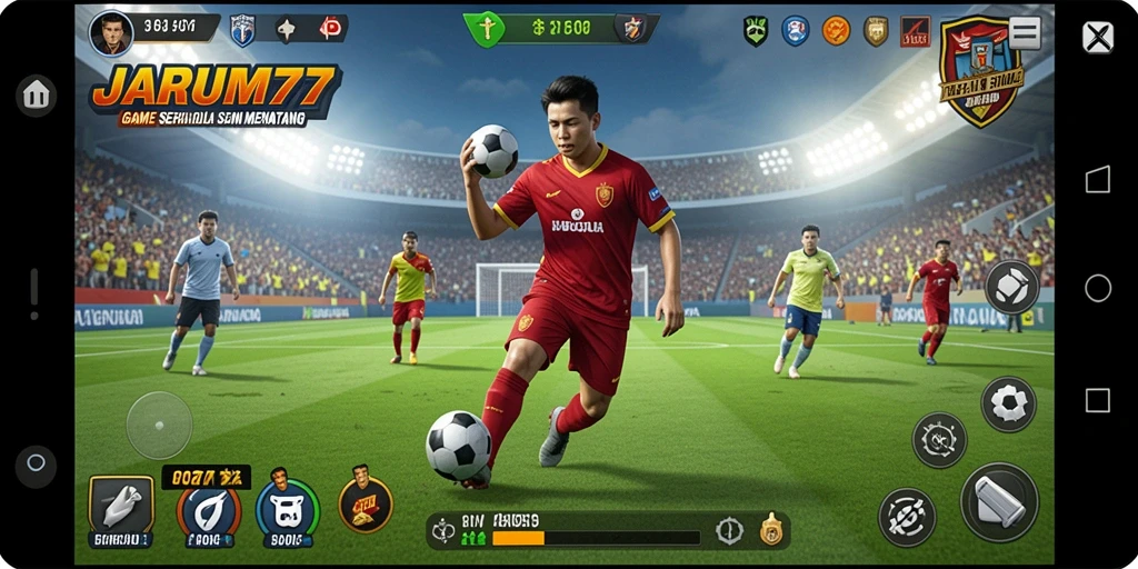 Tampilan gameplay JARUM77 yang menampilkan aksi sepak bola yang mendebarkan.