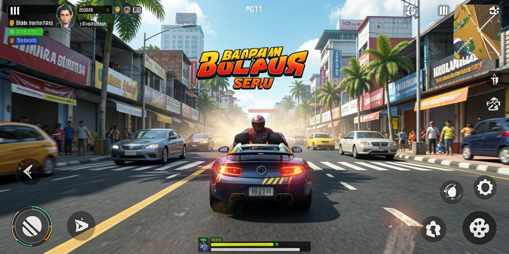 Tampilan gameplay PG11 yang penuh aksi dalam balapan mendebarkan.