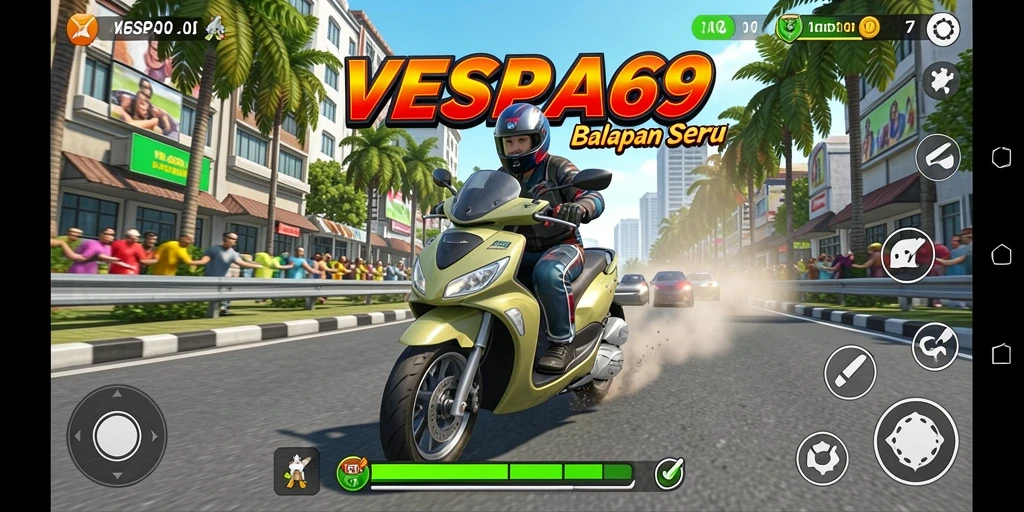 Tangkapan layar gameplay VESPA69 menampilkan balapan seru dengan skuter Vespa.